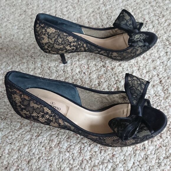 Valentino Garavani Shoes - Valentino Black Lace And Satin Bow Slip On Pumps size 37.5